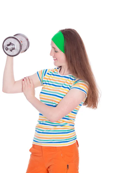 Fitness smiling woman training with dumbbell — Stock Photo, Image