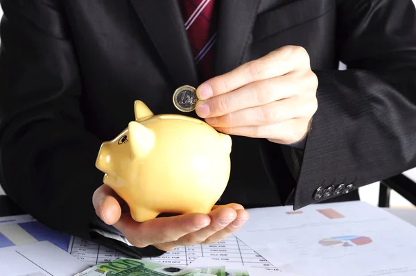 Gul gris med mynt som används som piggybank — Stockfoto