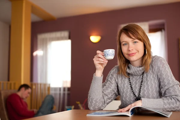 First capuccino - Beautiful young caucasian girl drinking coffee — Stock Photo, Image