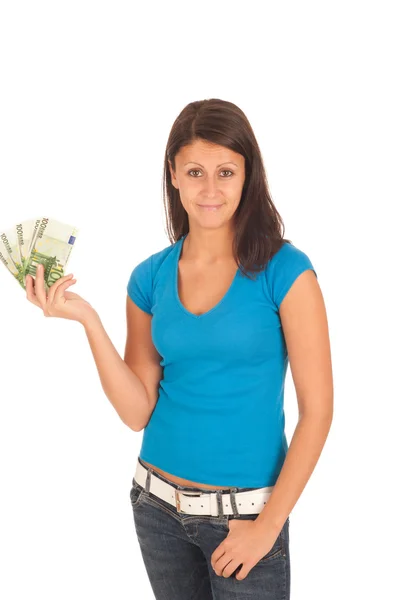 Attractive young girl with euro banknotes in her hand — Stock Photo, Image