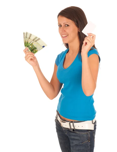 Attraente ragazza con le banconote in euro in mano — Foto Stock