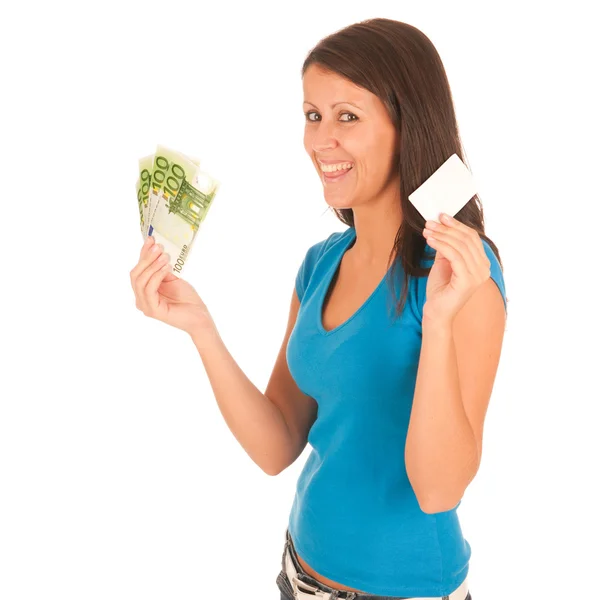 Приваблива молода дівчина з євро банкнотами в руці — стокове фото