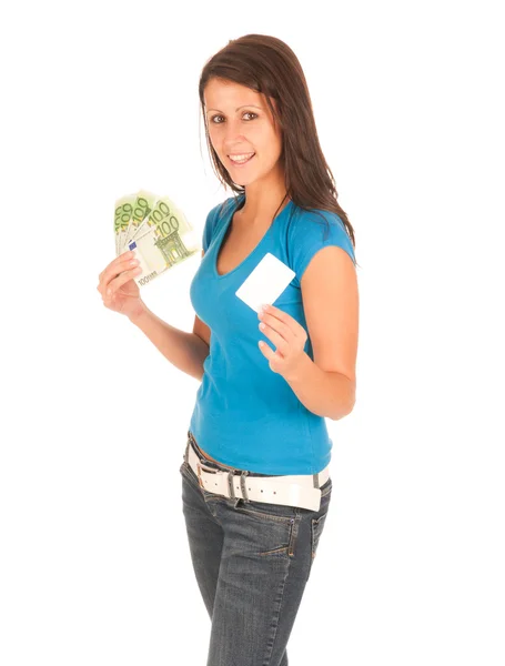 Приваблива молода дівчина з євро банкнотами в руці — стокове фото