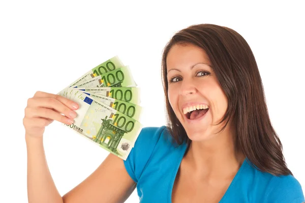 stock image Attractive young girl with euro banknotes in her hand