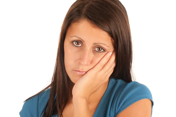 stock image Isolated portrait of an attractive young woman suffering from to