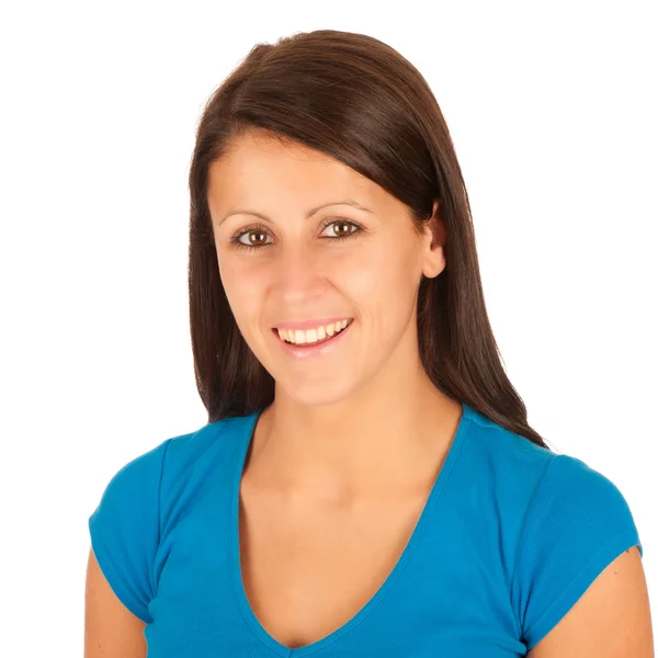 Portret piękna dziewczyna brunetka w kolorze czerwonym t-shirt izolować — Zdjęcie stockowe