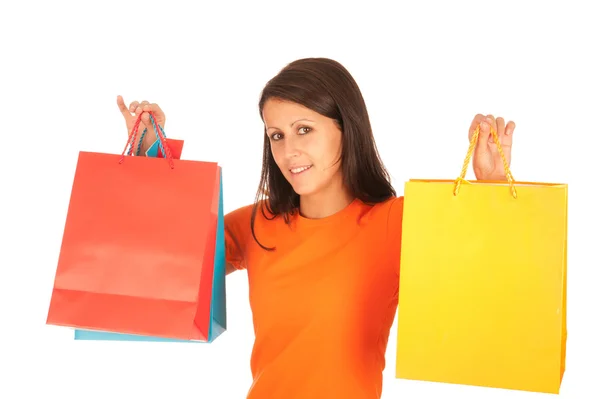 Compras - Linda chica joven con bolsas de compras aisladas en blanco — Foto de Stock
