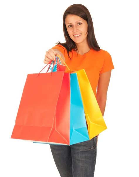 Compras - Menina bonito com sacos de compras isolados em branco — Fotografia de Stock
