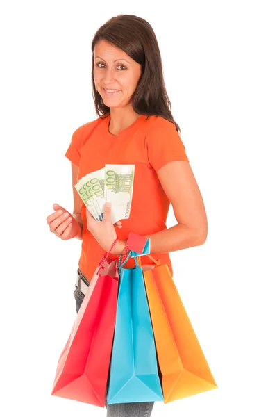 购物-购物袋隔离在白色可爱的年轻女孩 — 图库照片