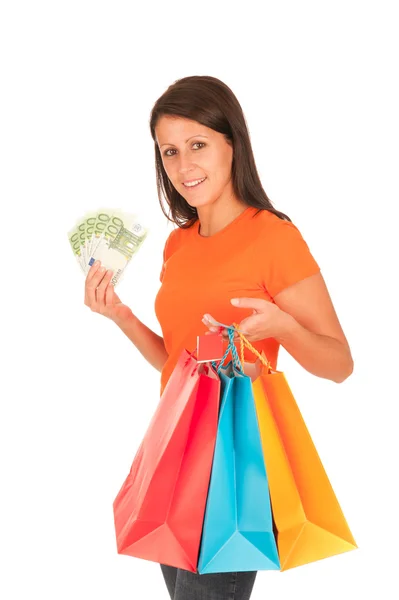 Alışveriş - alışveriş torbaları üzerinde beyaz izole ile sevimli genç kız — Stok fotoğraf