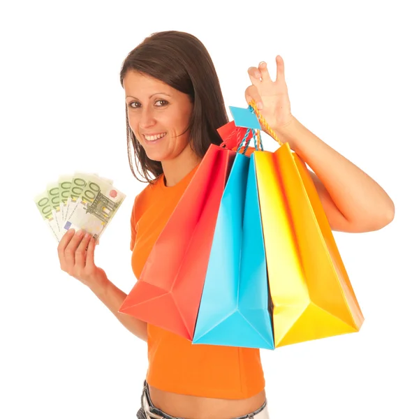 Compras - Linda chica joven con bolsas de compras aisladas en blanco —  Fotos de Stock