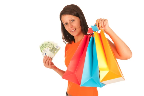 Compras - Linda chica joven con bolsas de compras aisladas en blanco —  Fotos de Stock