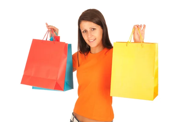 Shopping - Jolie jeune fille avec des sacs à provisions isolés sur blanc — Photo
