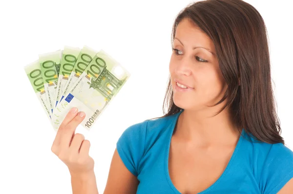 Attractive young girl with euro banknotes in her hand Stock Photo