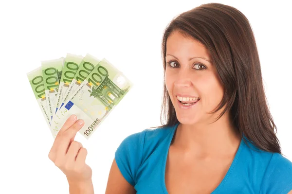Aantrekkelijke jonge meisje met eurobankbiljetten in haar hand Stockafbeelding