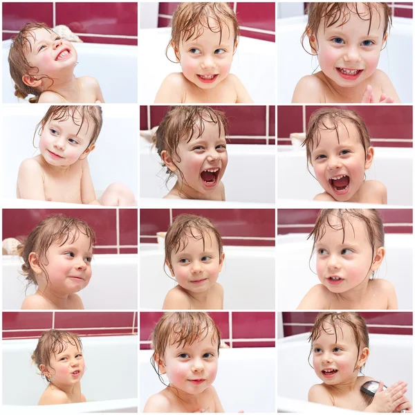 Nettes Mädchen, das aus einer Badewanne schaut und lächelt — Stockfoto