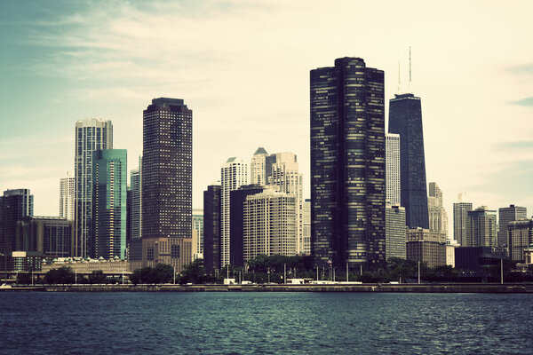 Chicago seen from Lake Michigan. Vintage style photo.