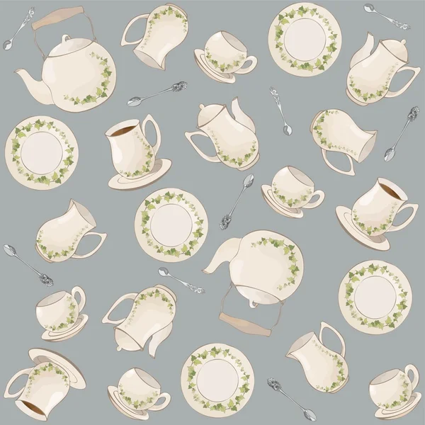 Бесшовный фон. Иллюстрации кофейник, чайник, ложка, тарелка . — стоковый вектор
