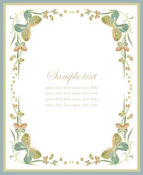 Όμορφο διακοσμητικό πλαίσιο με πεταλούδες. Ευχετήρια κάρτα με butterf — Διανυσματικό Αρχείο