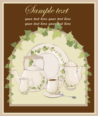 Illustrations coffee pot,teapot,spoon,plate.Menu. clipart