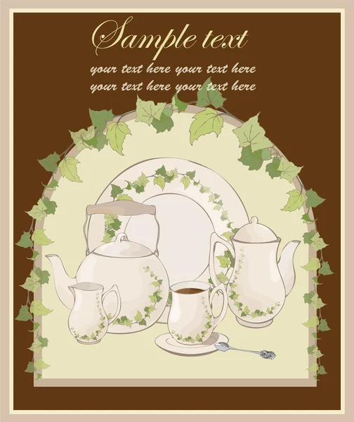 Illustrations coffee pot,teapot,spoon,plate.Menu. — Stock Vector