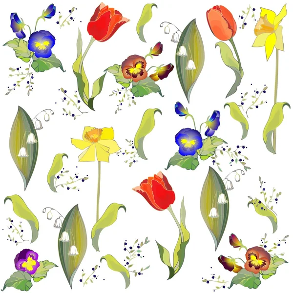 Naadloze background.illustration tulip en lelietje-van-dalen en narcis — Stockvector