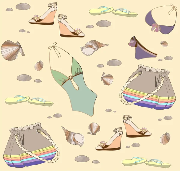 Illustration of vintage bathing suit, bag, summer footwear. Seamless backgr — Stock Vector