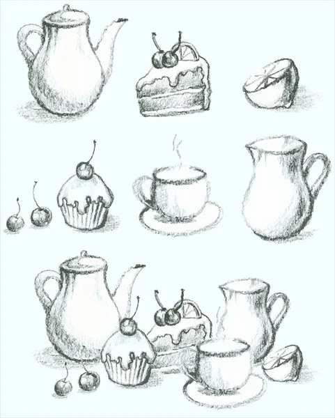 Illustration av en fruktkaka, paj, kopp, kaffekanna, Tekanna, mjölkkanna, frukt. — Stock vektor