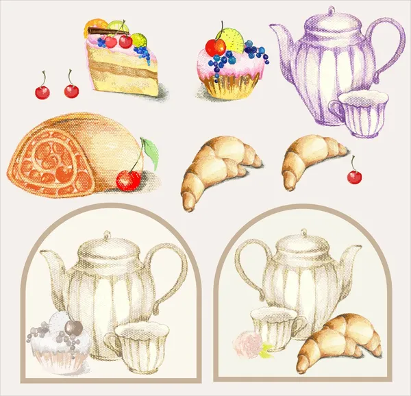 Ilustração de um bolo de frutas, torta, croissant, xícara, panela de café, bule de chá, leite j — Vetor de Stock