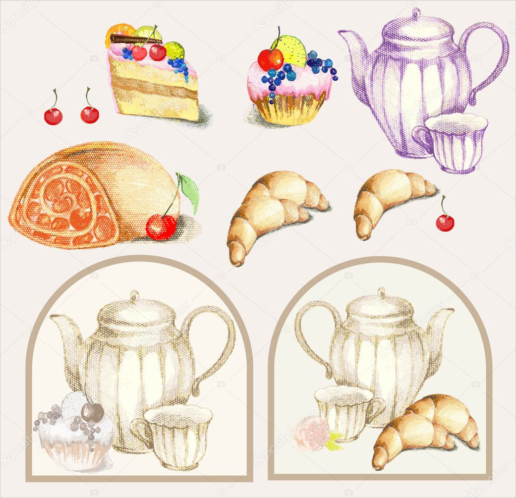Illustration of a fruitcake, pie, croissant, cup, coffee pot,teapot, milk j