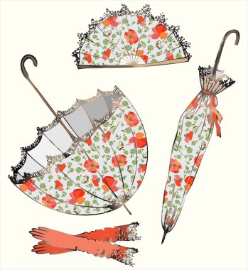 Illustration of vintage umbrella, fan, glove. clipart