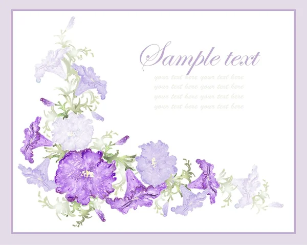 Ευχετήρια κάρτα με την πετούνια. όμορφο διακοσμητικό πλαίσιο με λουλούδια. — Διανυσματικό Αρχείο