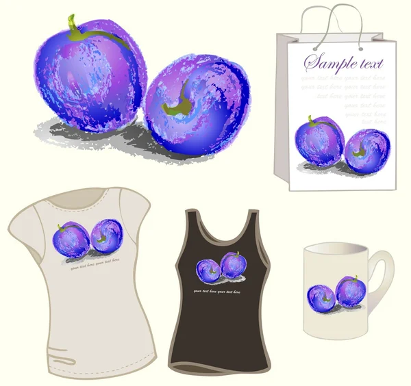 Elemento para design. Ilustração ameixas, saco, xícara, camiseta feminina . — Vetor de Stock