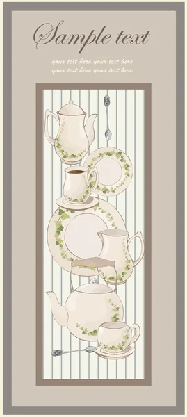 Abbildungen Kaffeekanne, Teekanne, Löffel, Teller. — Stockvektor