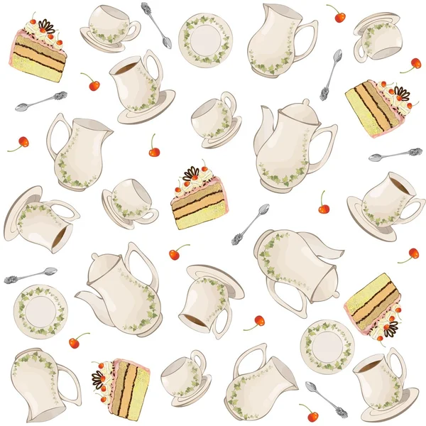 Varratmentes háttérben. illusztrációk, kávé pot, teáskanna, kanál, tányér, torta. — Stock Vector