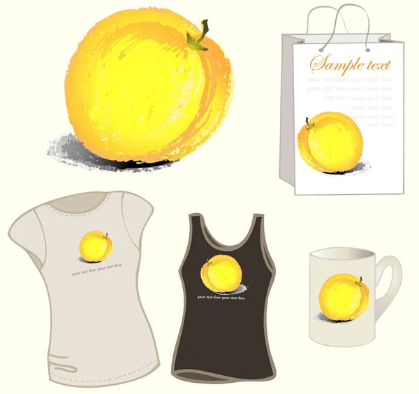 Element for design. Illustration peach, bag, cup, women's t-shirt. — Stock Vector