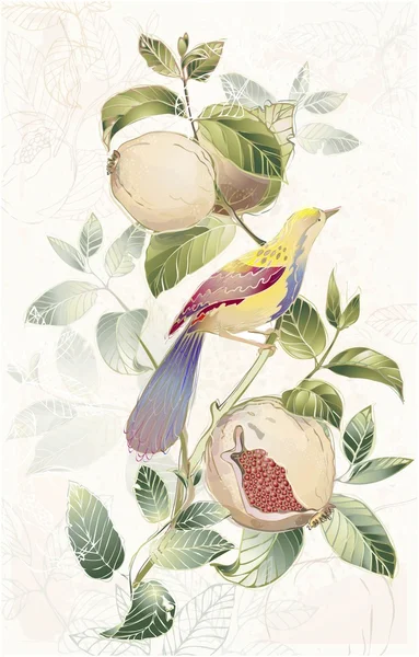 Tarjeta de felicitación con pájaros y granate . — Archivo Imágenes Vectoriales
