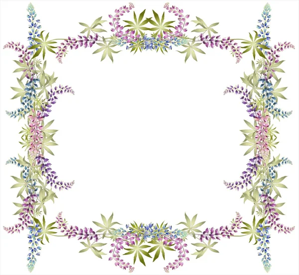 Grußkarte mit Lupine vorhanden. schöner dekorativer Rahmen mit Blumen. — Stockvektor