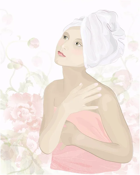 Beautiful young woman after shower with towel. — Stock Vector