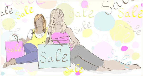 Δύο όμορφα νεαρά κορίτσια σε ένα εμπορικό κέντρο ελέγχου τσάντες — Διανυσματικό Αρχείο