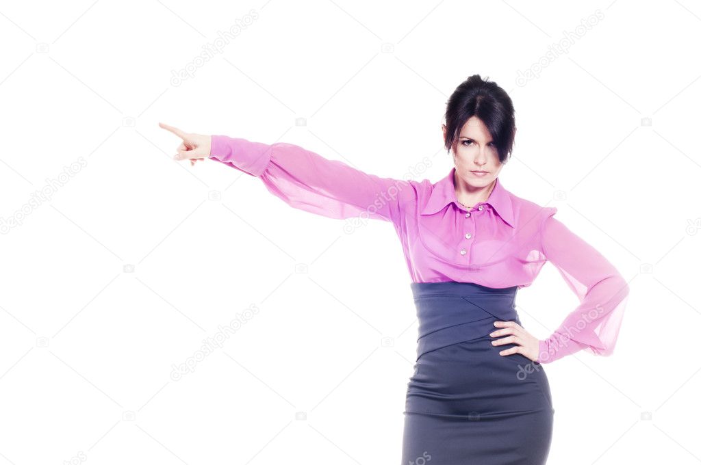 Strict business lady demonstrating `Go away!` with her hand