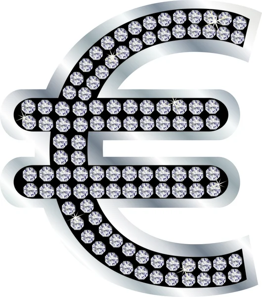 Euro prata sinal com diamantes, vetor — Vetor de Stock