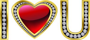 I love you, golden with diamonds, vector clipart