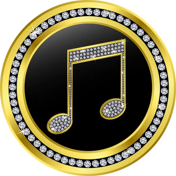 Hudební tlačítko Poznámka, zlatý s diamanty, vektorové ilustrace — Stockový vektor
