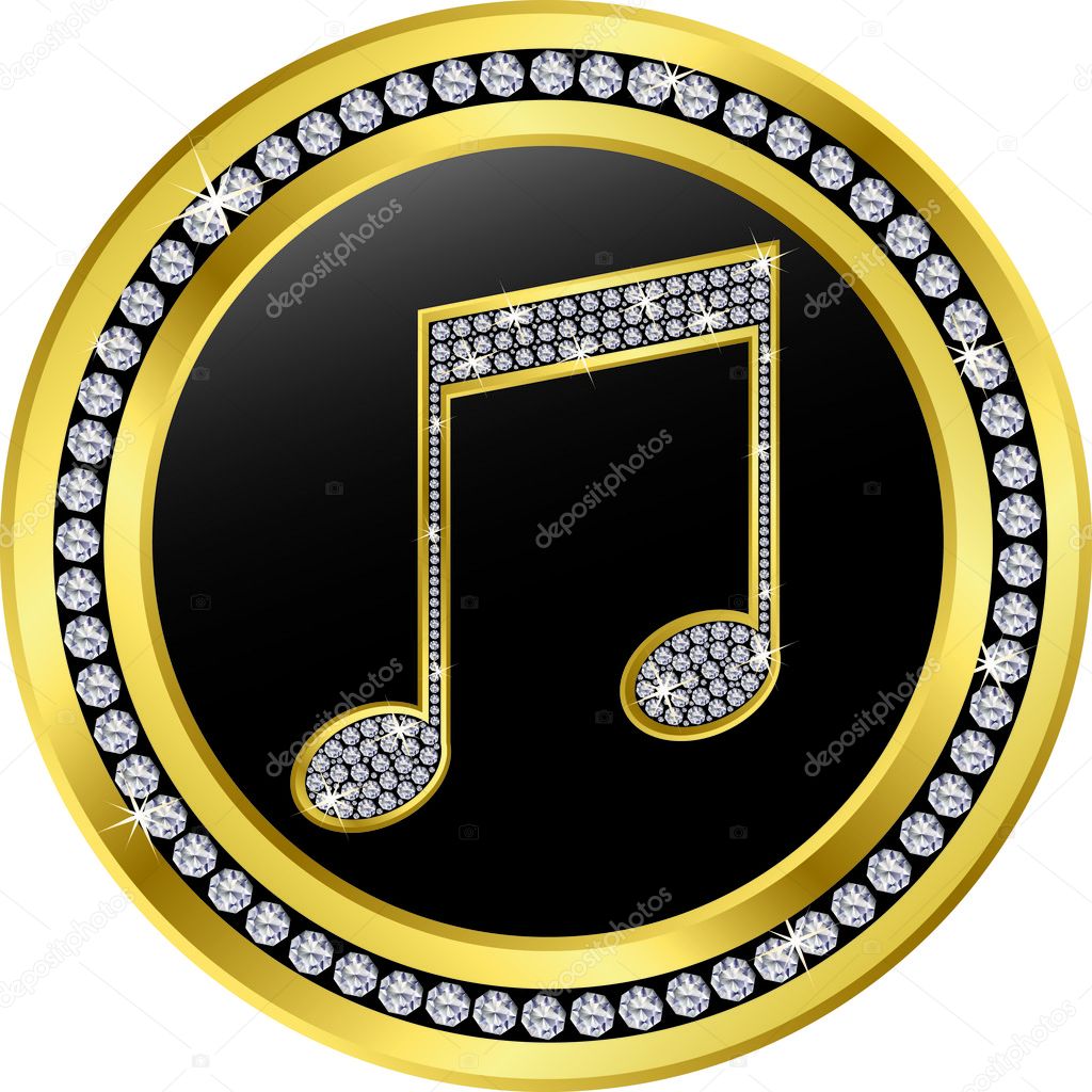 Music note button, golden with diamonds, vector illustration