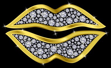 Lips kiss, golden with diamonds, vector illustration clipart