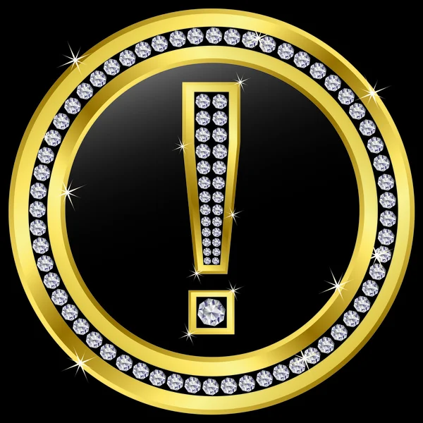 Signo de exclamación, botón dorado con diamantes — Vector de stock