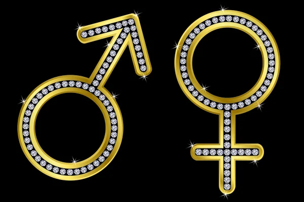 Símbolos dorados masculino y femenino con diamantes, ilustración vectorial — Archivo Imágenes Vectoriales