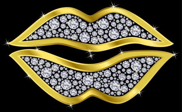 Lippen kussen, gouden met diamanten, vectorillustratie — Stockvector