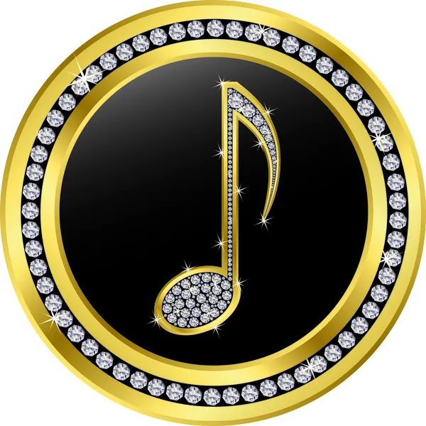Pulsante di nota musicale, dorato con diamanti, illustrazione vettoriale — Vettoriale Stock